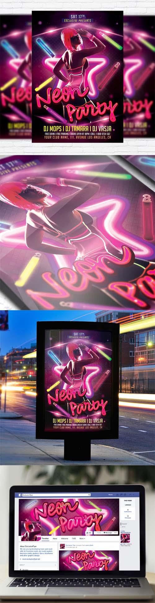 Flyer Template - Neon Party + Facebook Cover