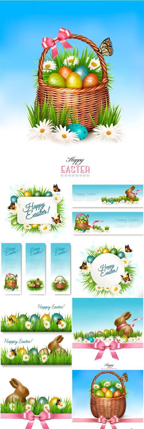 Happy Easter background, colorful Easter eggs and chocolate bunny