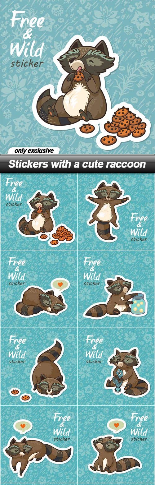 Stickers with a cute raccoon - 10 EPS
