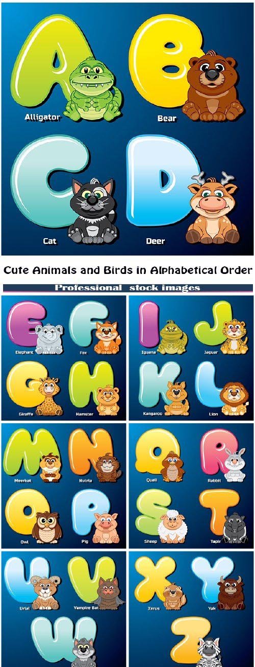Cute animals and birds in alphabetical order