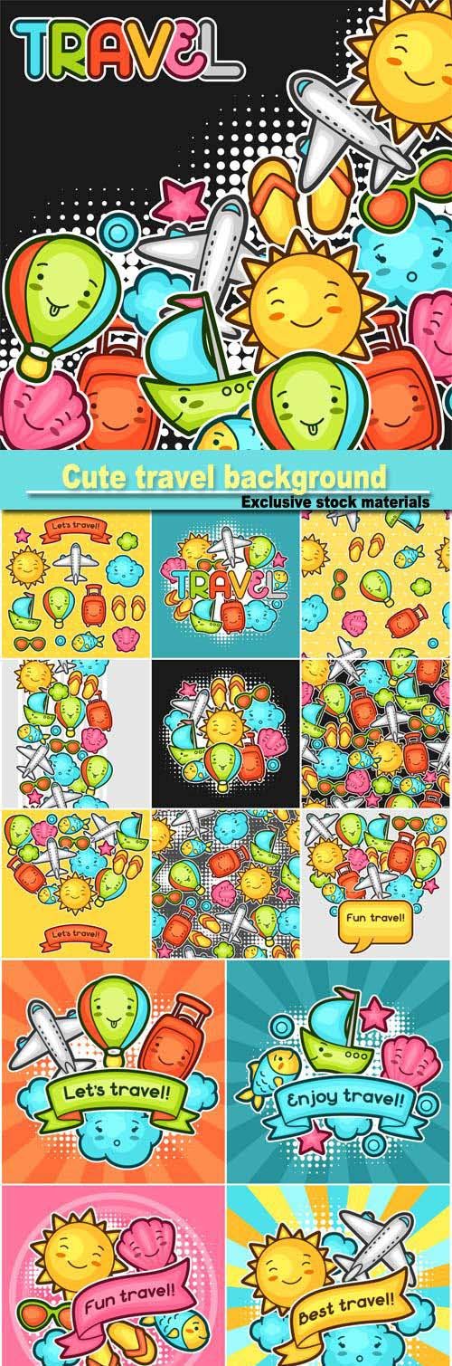 Cute travel background, summer collection of cheerful cartoon characters