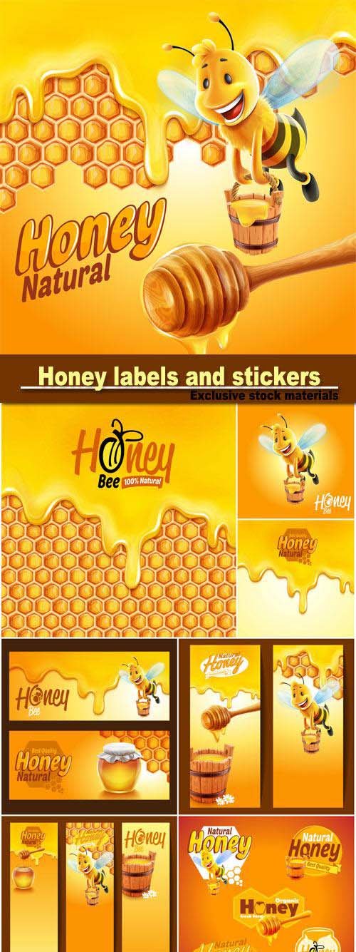 Honey labels and stickers, frame honey with bee and stick