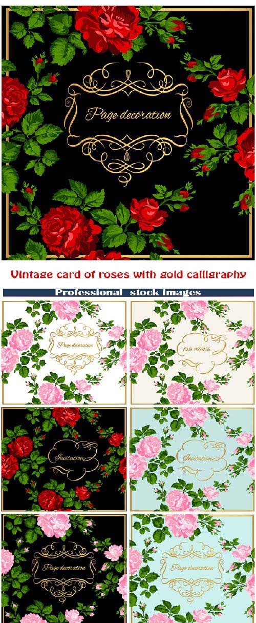 Luxurious vintage card of roses with gold calligraphy