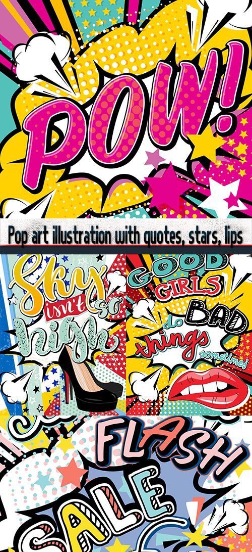 Pop art illustration with quotes, stars, lips