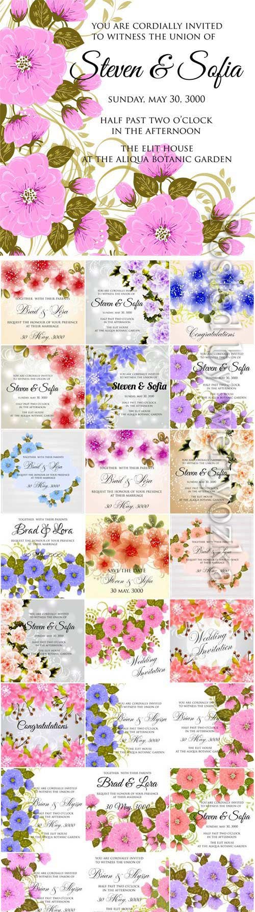 Floral wedding invitation cards in vector