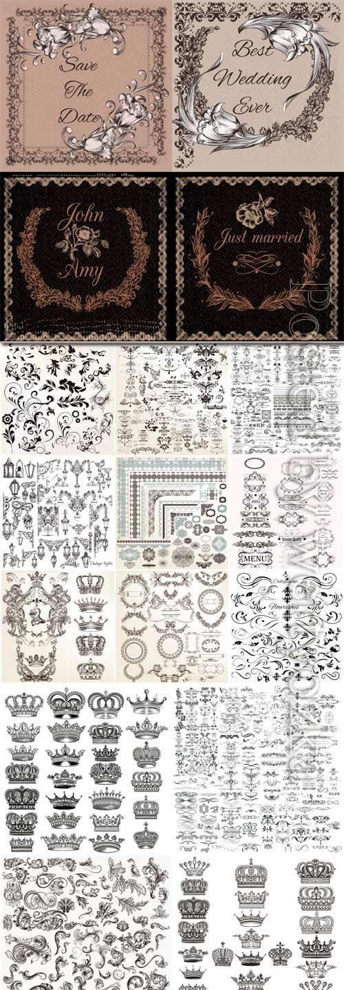 Decorative elements, set of crowns in vector