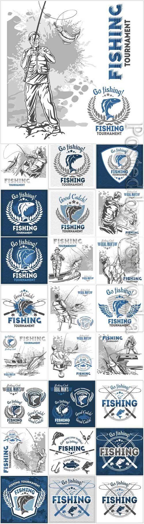 Fishing labels and logos in vector